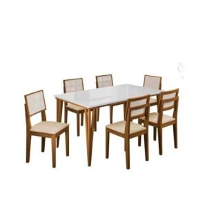 Conjunto de Mesa Dobue Safira com 6 Cadeiras - 160 cm - Imbuia, Branco e Off Bege